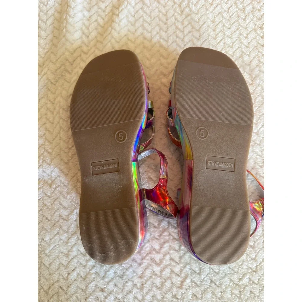 Steve Madden JORAZY Holographic Rainbow Platform Sandals Multi Strap Wedge 5